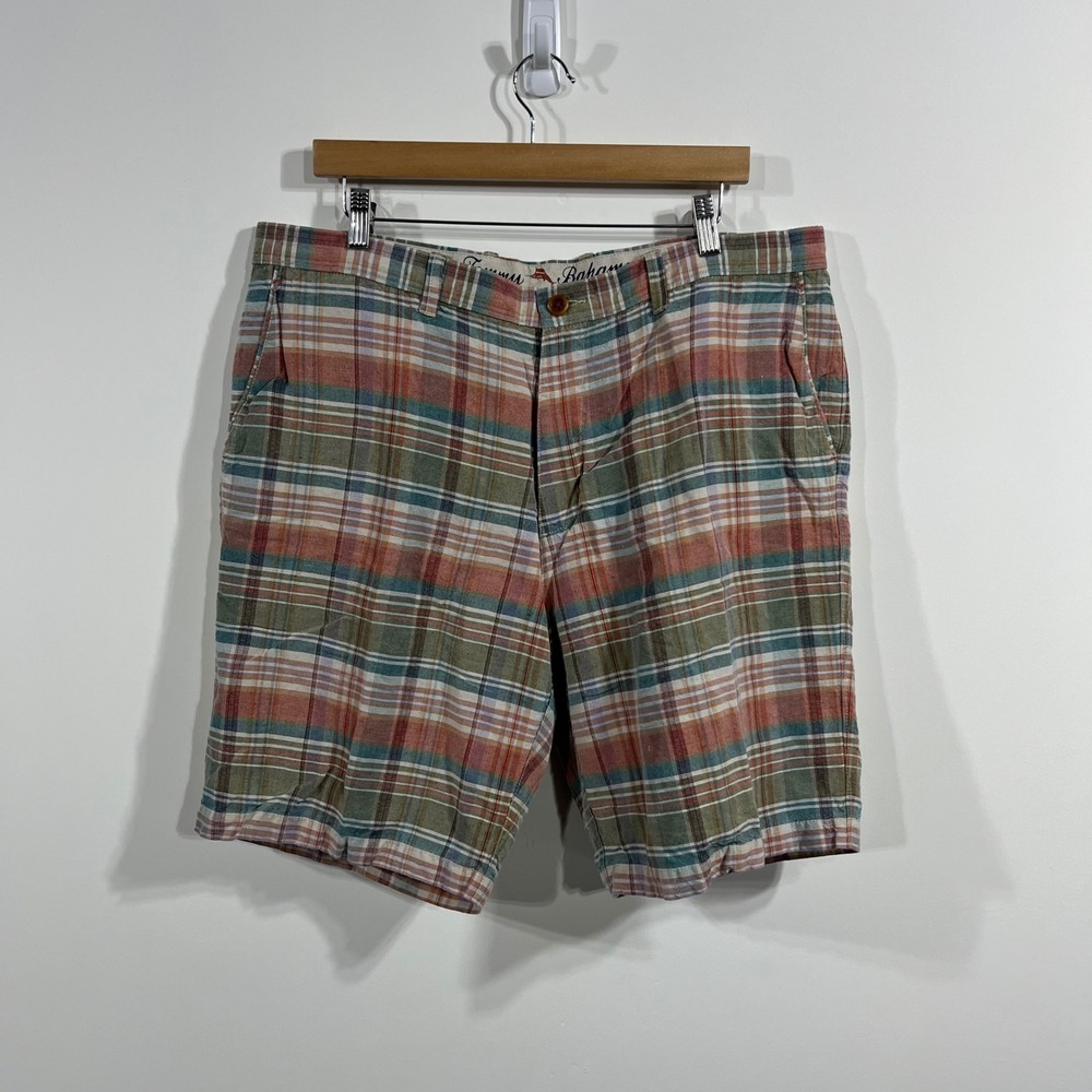 Tommy Bahama Bermuda Madras Plaid Shorts Mens 38 Linen Blend Preppy Coastal